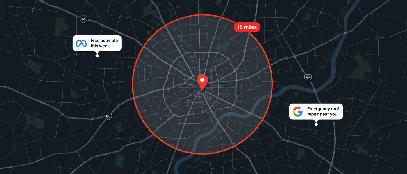 A dark map with a 15-mile service radius, a Meta ad and a Google ad pinned inside it
