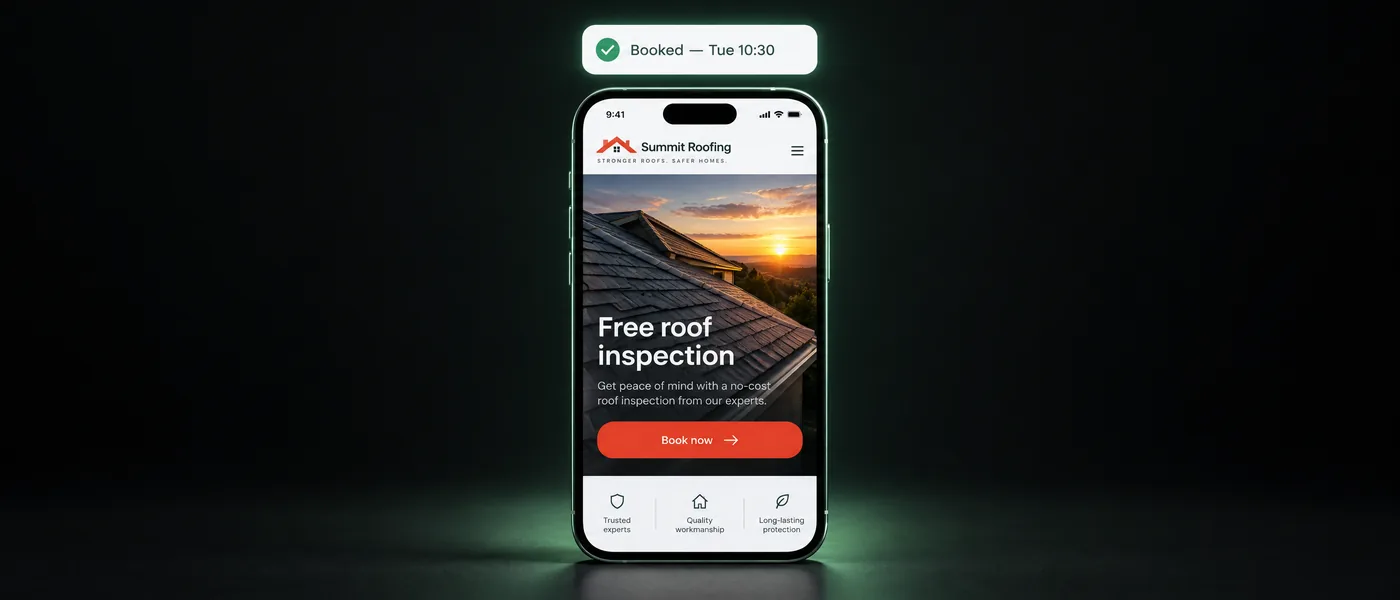 A phone showing a roofing company's site with one Book now button, and a Booked Tue 10:30 confirmation above it