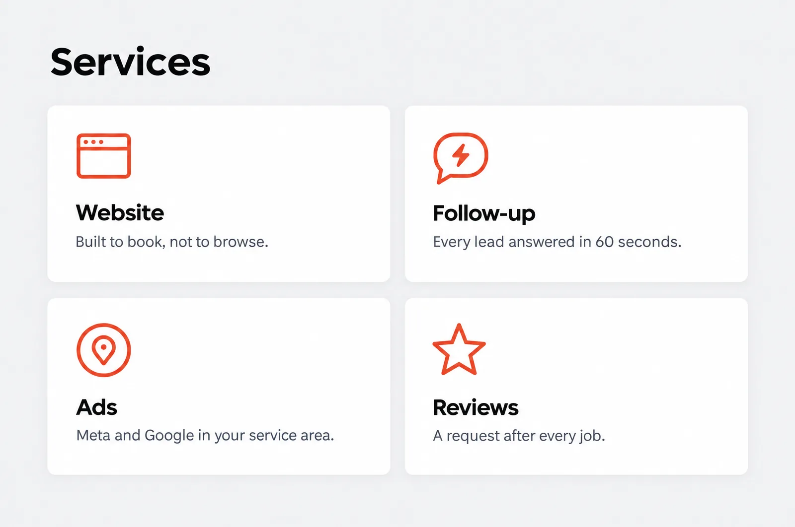 Services: Website, built to book, not to browse. Follow-up, every lead answered in 60 seconds. Ads, Meta and Google in your service area. Reviews, a request after every job.
